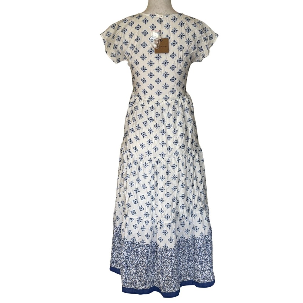 Blu Pepper White Blue Tiered Button Front Midi Dress Small, cottagecore NWT - Picture 3 of 8